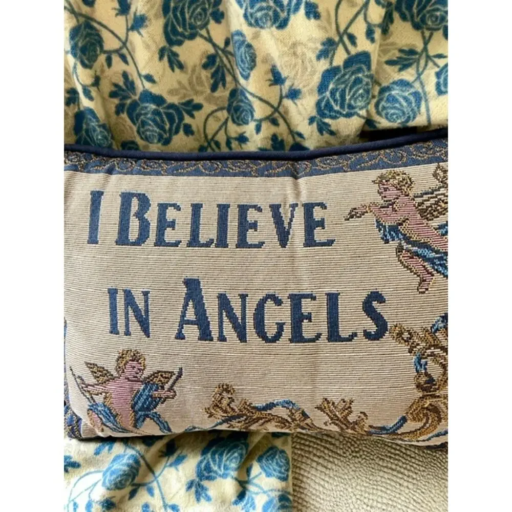 Vintage I Believe in Angels Tapestry Accent Pillow Blue Cherub Cottagecore Decor